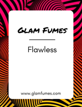 A bottle of 'Glam Fumes Flawless' perfume and body oil with a colorful striped background.